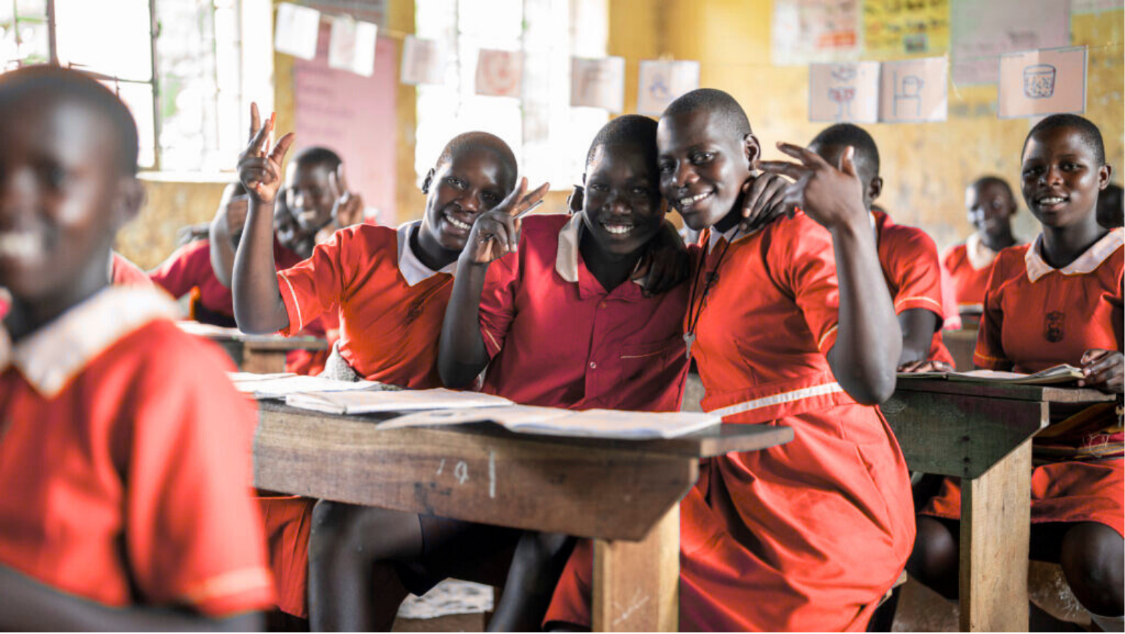 school girls in crimson uniforms